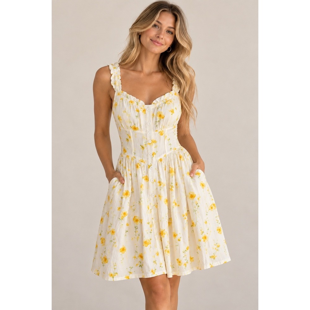 NWT Sim & Sam Ivory Yellow Floral Linen Blend Sundress Cottagecore M 520203